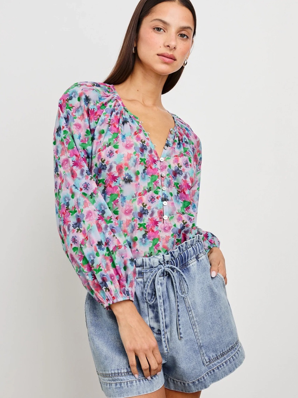 Rails Indi Top M Spring Meadow Blue Floral 100% Cotton Puff Sleeve